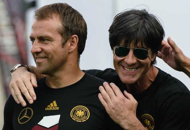 Hansi Flick, here in Berlin with Joachim Löw on July 15, 2014, during the German team's parade in Berlin, after Mannschaft's World Cup victory.