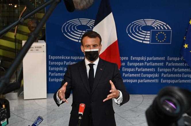 President Emmanuel Macron after the conference on the future of Europe, at the European Parliament in Strasbourg, on May 9, 2021.