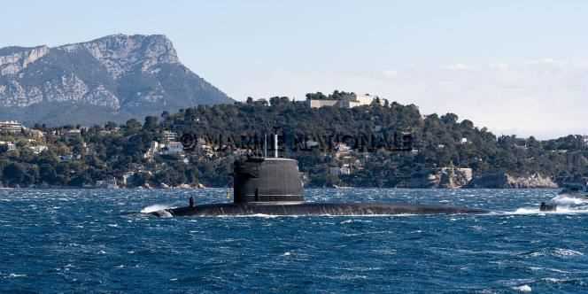 The Emeraude nuclear attack submarine at its Toulon base port, after a mission of over six months in the Indo-Pacific, on April 7, 2021.
