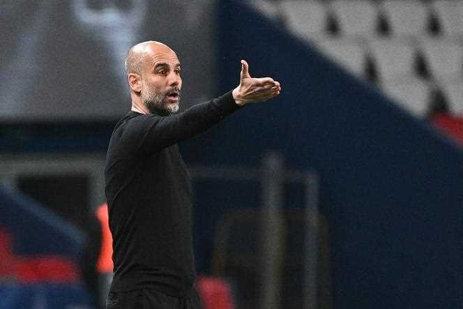 Pep Guardiola, during the semi-final first leg of the Champions League against PSG, on April 28, 2021, at the Parc des Princes, in Paris.