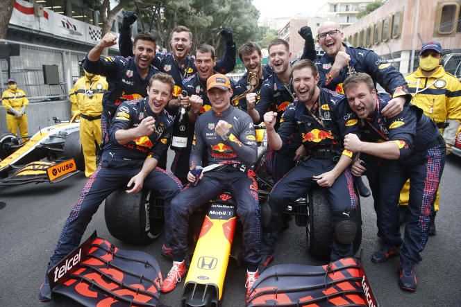 Red Bull driver Max Verstappen celebrates his victory with his team after winning the Monaco Grand Prix on Sunday 23 May 2021.