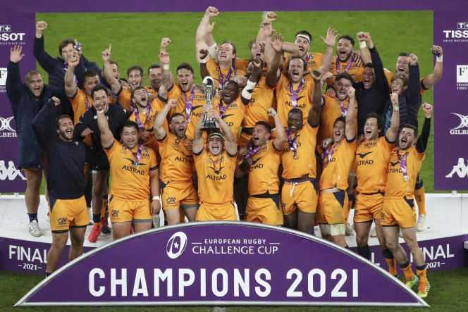 The celebration of the Montpellierains after their victory in the European Challenge final, on May 21, 2021, in Twickenham, London.