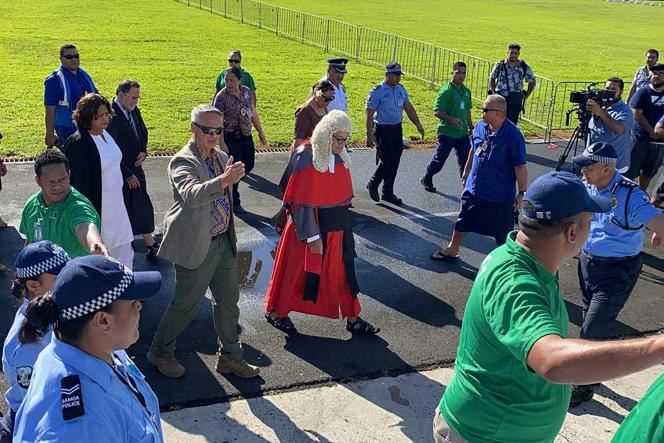Supreme Judge Satiu Simativa Perese arrives on May 24, 2021, at Parliament in Apia, Samoa, where he is denied access.