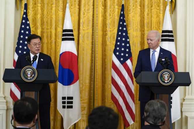 US Presidents Joe Biden and South Korean Presidents Moon Jae-in meet at a press conference at the White House in Washington on May 21, 2021.