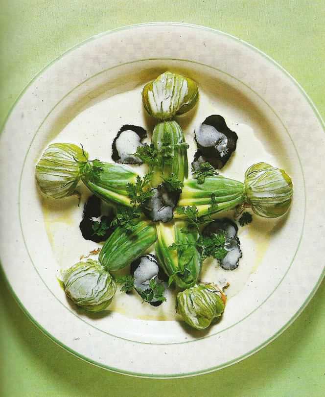 Zucchini flower with truffles, Jacques Maximin's signature dish.  Photograph taken from his book “Colors, flavors and fragrances of my cuisine” (Robert Laffont, 1984).