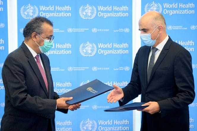 World Health Organization Director General Tedros Adhanom Ghebreyesus and Swiss Health Minister Alain Berset at the opening of the 74th World Health Assembly in Geneva on May 24, 2021.