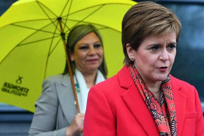 Scottish First Minister and Scottish National Party leader Nicola Sturgeon (right) addresses the media in Glasgow on 8 May 2021.
