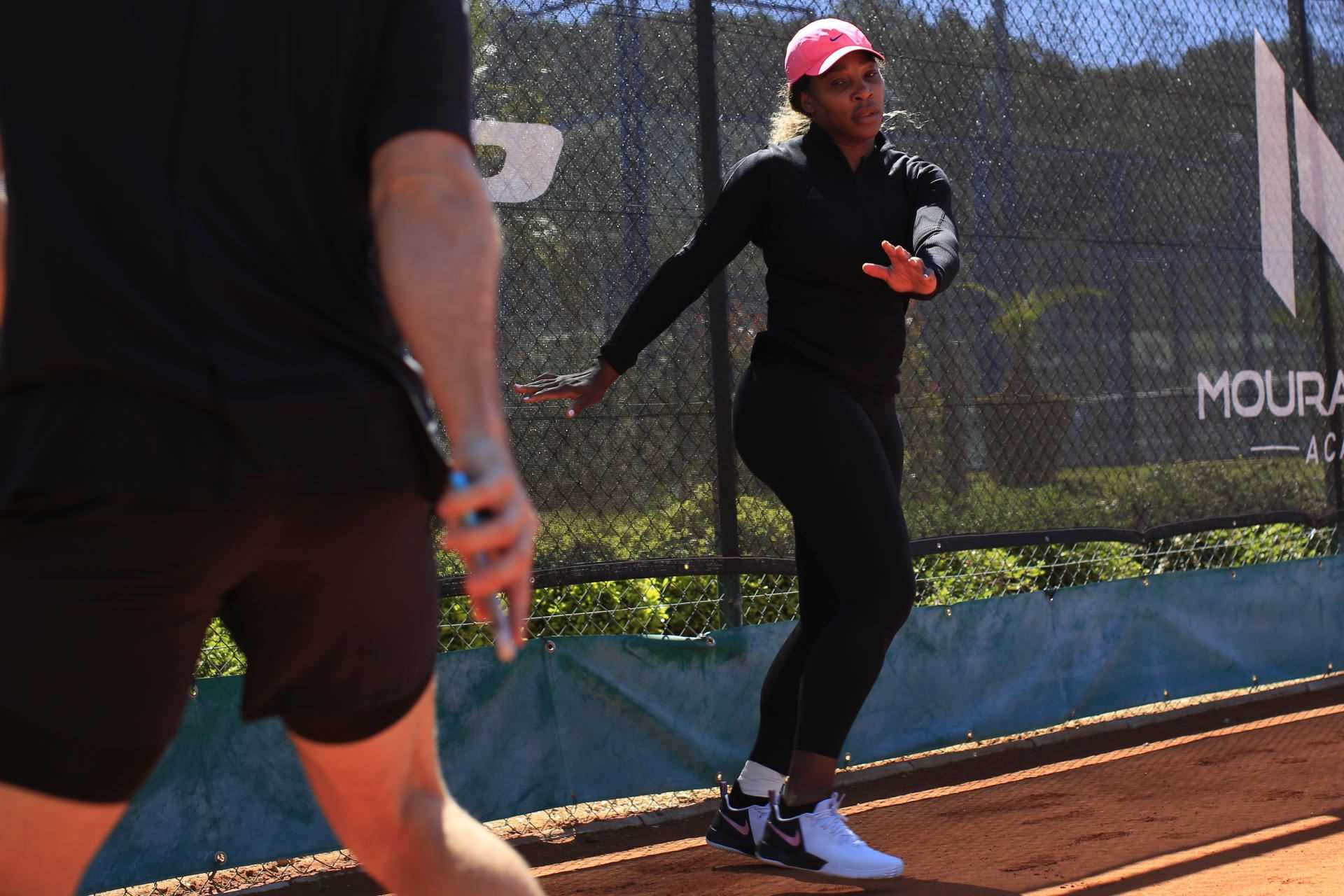 Serena Williams warms up before her training in Biot (Alpes-Maritimes), May 5, 2021.