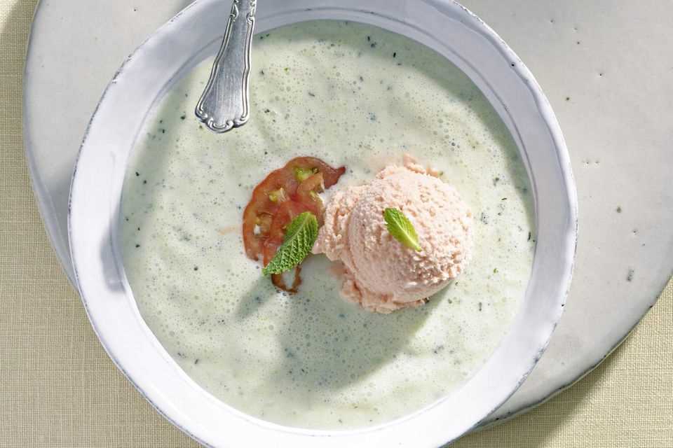Cold cucumber soup with tomato ice cream