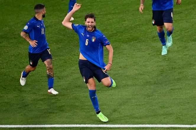 Italy midfielder Manuel Locatelli after his first goal against Switzerland on Wednesday 16 June at the Olympic Stadium in Rome.