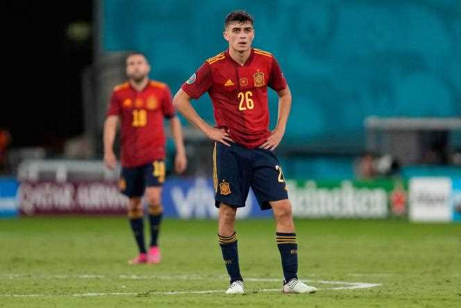 Disappointment can be read on Pedri's face after Spain's 1-1 draw against Poland on June 19, 2021, in Seville.
