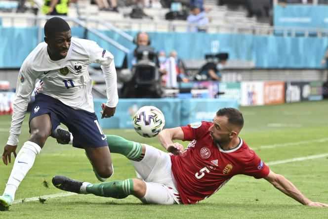 Ousmane Dembele tackled by Attila Fiola during the France-Hungary match, June 19, 2021 in Budapest