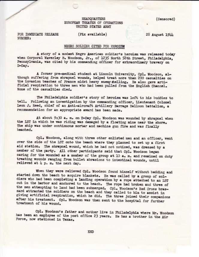 An Army report describing Waverly Woodson's actions on Omaha Beach.