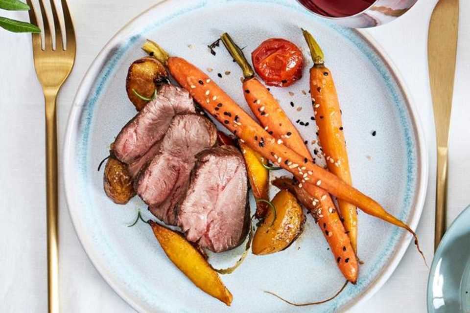 Roasted lamb rump with oven vegetables