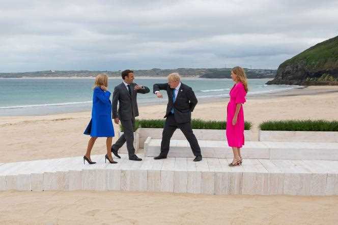 Boris and Carrie Johnson welcome Emmanuel and Brigitte Macron for an official photograph at the G7 held in Carbis Bay, England, Friday June 11, 2021.