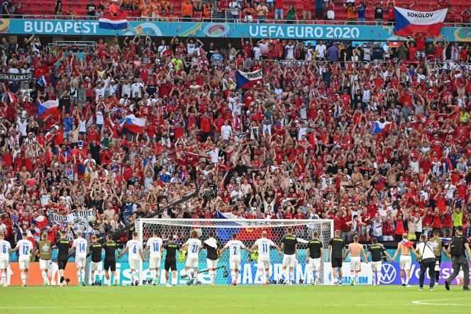 The Czech players celebrate their victory against the Netherlands with their supporters, Sunday June 27 in Budapest.