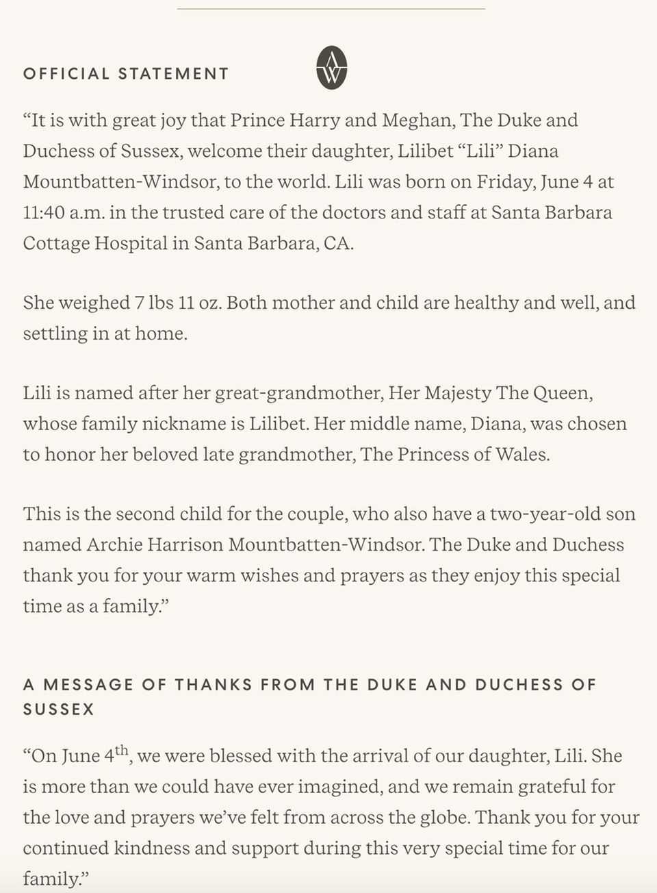 On the official website of their "Archewell Foundation" let Prince Harry and Duchess Meghan announce the birth of their daughter and address words of thanks to the people.