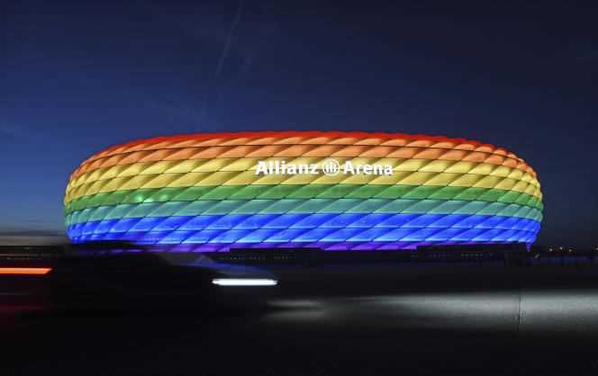 The Munich stadium lights up in the colors of the rainbow for Chrisotpher Street Day, a day of celebration for LGBT + causes, on July 9, 2016 in Germany.