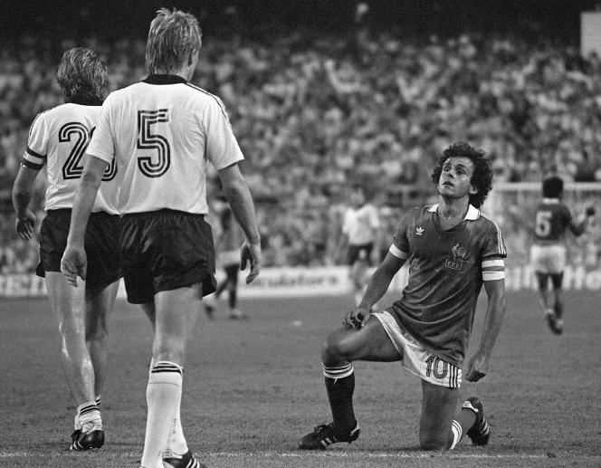 Michel Platini, captain of the France team, during the match against the FRG (West Germany), July 8, 1982, in Seville, during the 1982 World Cup.