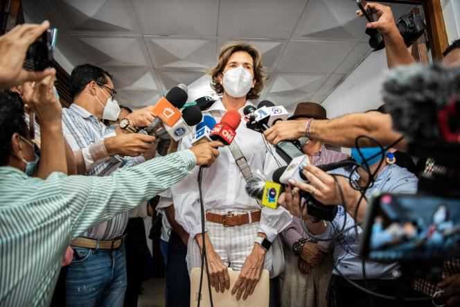 Cristiana Chamorro, daughter of ex-president Violeta Barrios de Chamorro, addresses the press after meeting the leaders of the Ciudadanos por la Libertad party, to formalize her intention to register as a pre-candidate for the presidency of the party, at Managua, the capital of Nicaragua, June 1, 2021.
