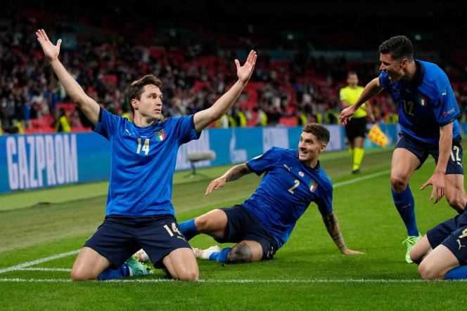 Italian midfielder Federico Chiesa, after scoring the opening goal in the Euro 2021 match between Italy and Austria at Wembley Stadium in London on June 26, 2021.