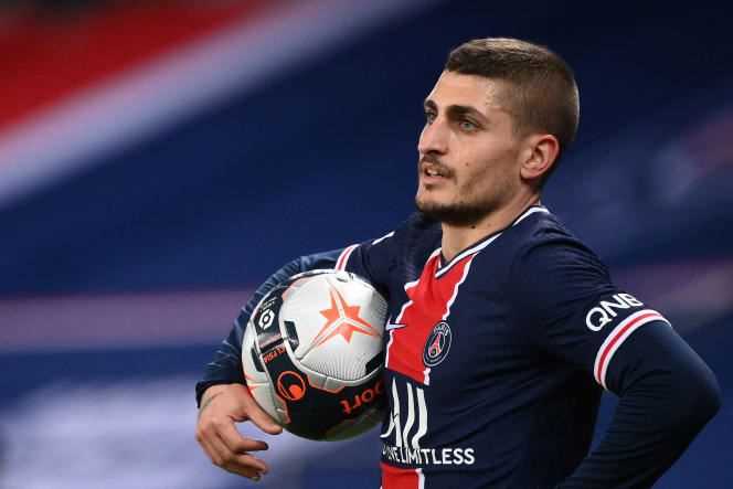 Midfielder Marco Verratti during the Ligue 1 match between Paris-Saint-Germain and AS Monaco, at the Parc des Princes, in Paris, on February 21, 2021.