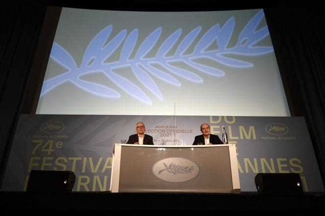 The president of the Festival, Pierre Lescure, and his general delegate, Thierry Frémaux, announce the official selection of the 74th Cannes Film Festival during a press conference in Paris, on June 3, 2021.