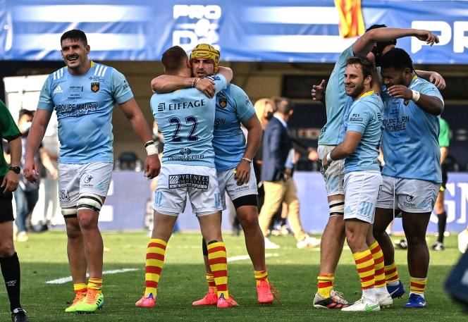 The Perpignan players celebrate their victory against Biarritz on Saturday June 5th.