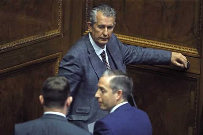 DUP leader Edwin Poots following the appointment of Paul Givan (foreground, right), in Parliament in Belfast on June 17, 2021.