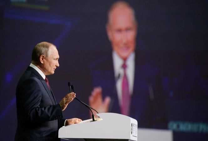 Russian President Vladimir Putin speaks at the St. Petersburg Economic Forum on Friday, June 4, 2021.