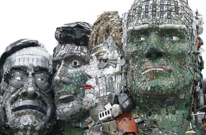 A Joe Rush sculpture, created from e-waste, featuring the faces of G7 leaders and mimicking Mount Rushmore, on a hill in Hayle (Cornwall), England on June 9, 2021.