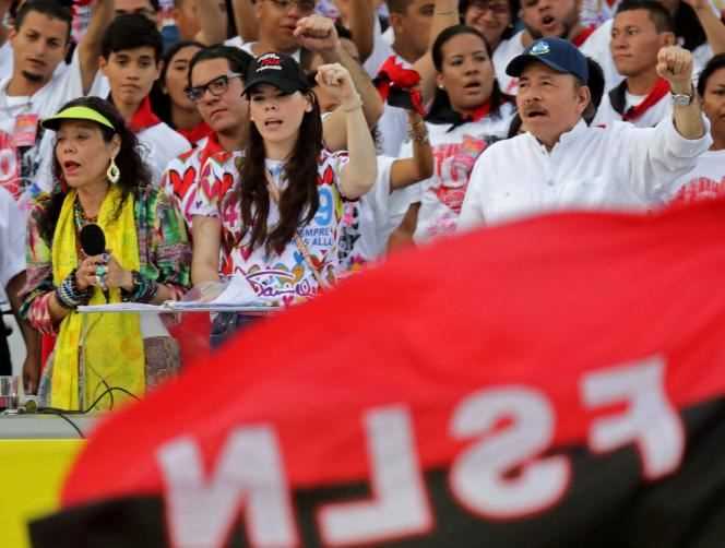 Nicaraguan President Daniel Ortega, his wife Vice President Rosario Murillo and their daughter Camila Antonia Ortega Murillo celebrate the fortieth anniversary of the Sandinista revolution in Managua on July 19, 2019.