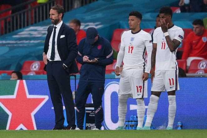 England manager Gareth Southgate (left) next to his players Jadon Sancho and Marcus Rashford during the Euro Final on 11 July 2021 at Wembley Stadium, London.
