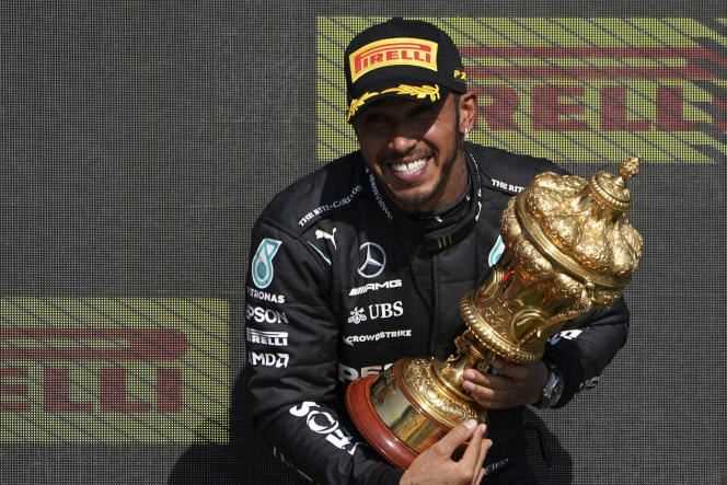Lewis Hamilton on the podium after the British Grand Prix on July 18, 2021.