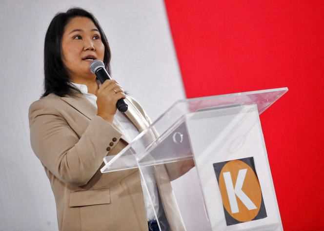 Peruvian presidential candidate Keiko Fujimori admits defeat during a press conference at her party's headquarters in Lima on July 19, 2021.