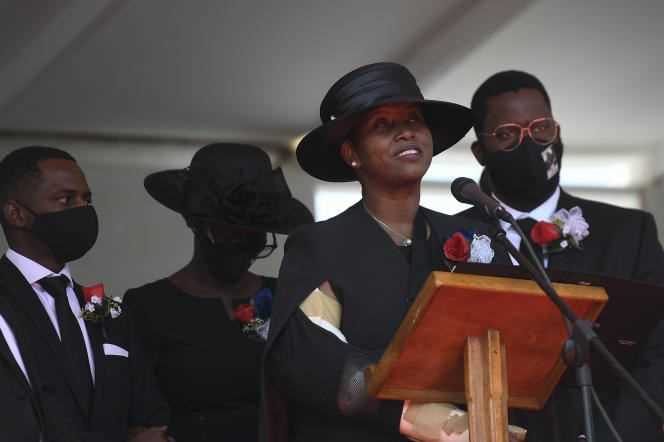 Martine Moise, wife of the former president, pays tribute to her husband during the national funeral, July 23, 2021 in Cap-Haitien.