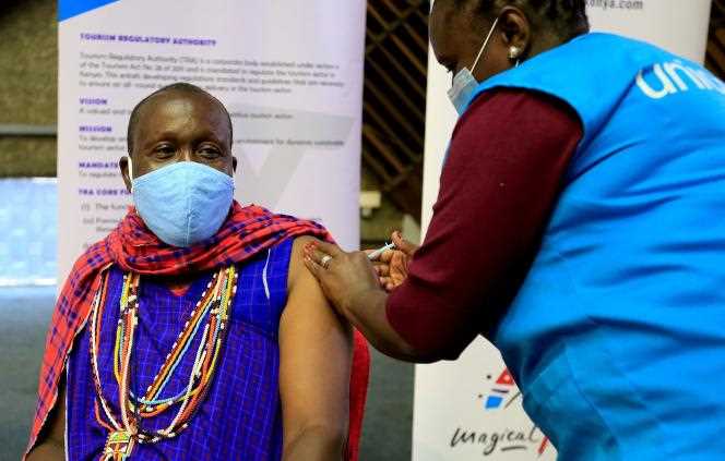 A Kenyan man receives a dose of AstraZeneca vaccine, provided by the Covax system, in Nairobi in April 2021.