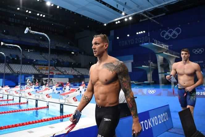 American swimmer Caeleb Dressel exiting the Tokyo Basin after his 100m freestyle heat on July 27, 2021.
