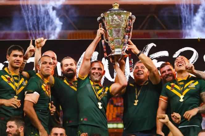 The Australians as they lift the trophy of the last Rugby Union World Cup, in Brisbane on December 2, 2017.