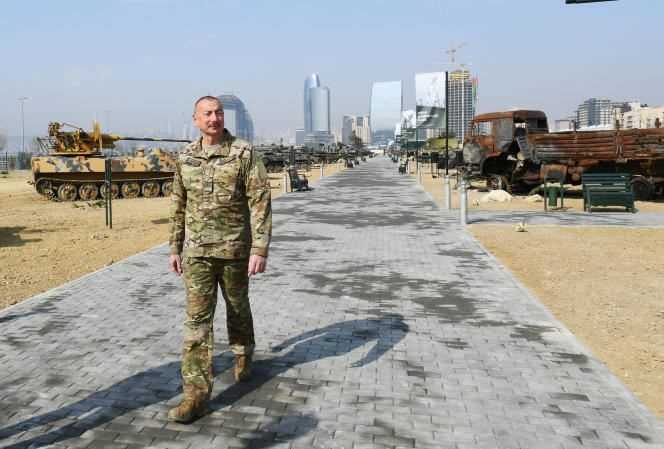 Azerbaijani President Ilham Aliev visits an exhibition site of Armenian military equipment seized during the last conflict in Nagorno-Karabakh on April 12 in Baku.