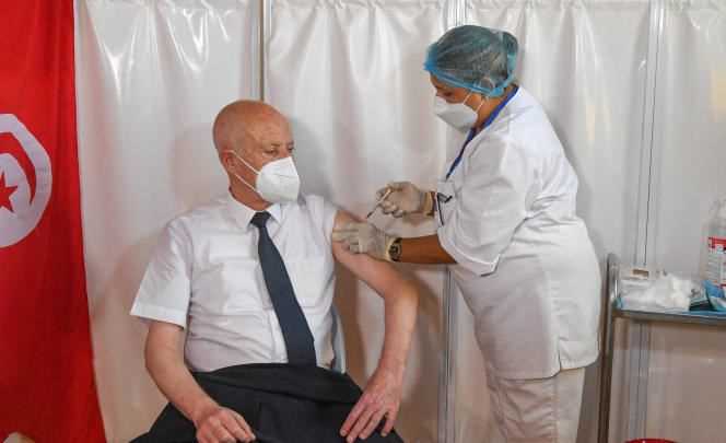 Tunisian President Kaïs Saïed is vaccinated against Covid-19 in Tunis on July 12, 2021.