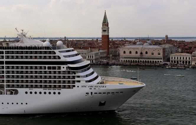 A cruise ship in front of the Doge's Palace in Venice, Italy on June 5, 2021.