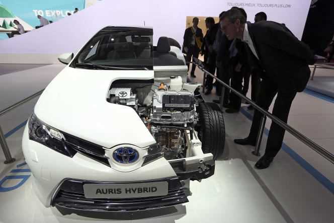 Model of a Toyota Auris Hybrid automobile, during the Paris Motor Show, September 28, 2012.
