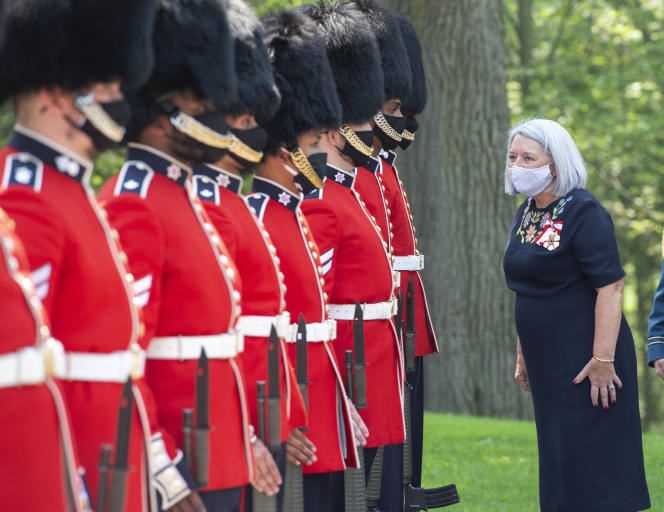 Governor General Mary Simon with the Guard of Honor upon her arrival at Rideau Hall on July 26, 2021, in Ottawa, Ontario.