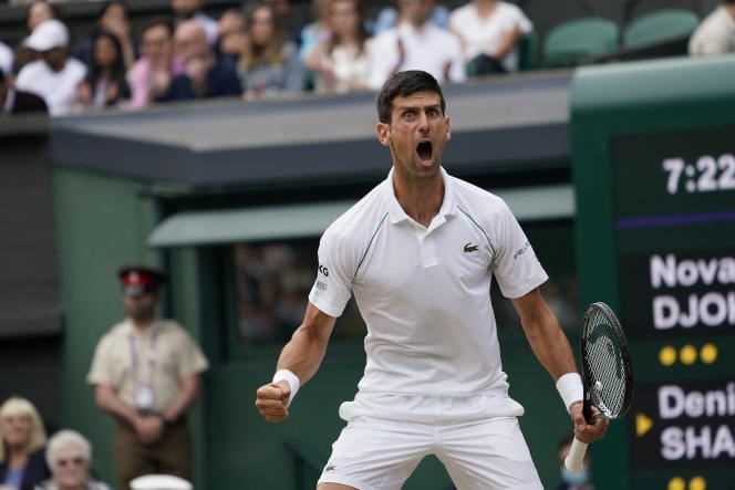 Serbian Novak Djokovic after winning a point against Canada's Denis Shapovalov in the Wimbledon semi-final match in London on Friday 9 July 2021.