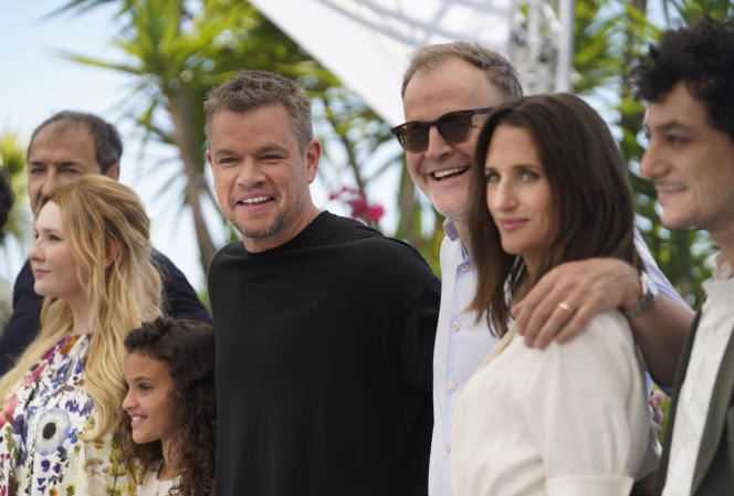 From left to right: Moussa Maaskri, Abigail Breslin, Lilou Siauvaud, Matt Damon, Tom McCarthy, Camille Cottin and Noé Debré, July 9, in Cannes.