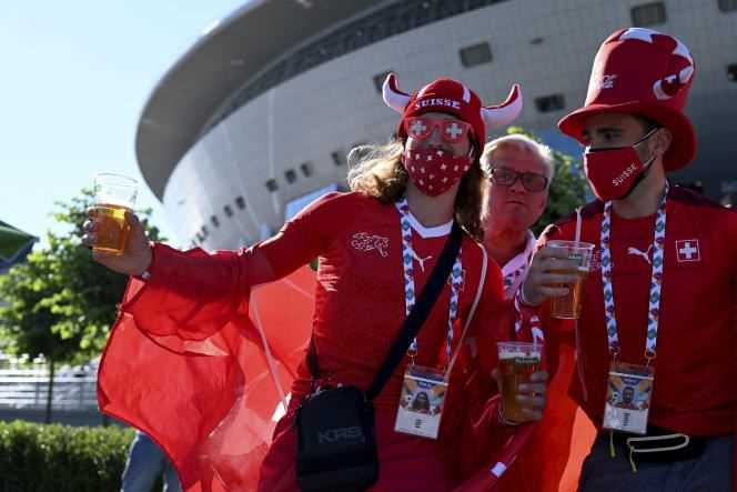 Swiss supporters before the Euro quarter-final match between Switzerland and Spain at Saint Petersburg stadium on July 2, 2021.