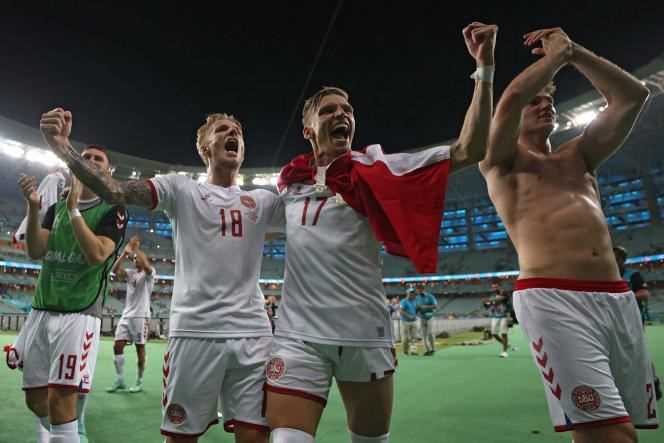 Danish players celebrate their quarter-final victory over the Czech Republic in Baku (Azerbaijan) on July 3.