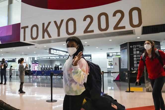 American gymnast and four-time Olympic champion Simone Biles at Narita International Airport, east of Tokyo, July 15.