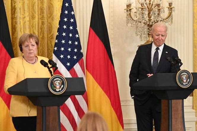 US President Joe Biden and German Chancellor Angela Merkel hold a joint press conference at the White House in Washington (United States) on July 15, 2021.